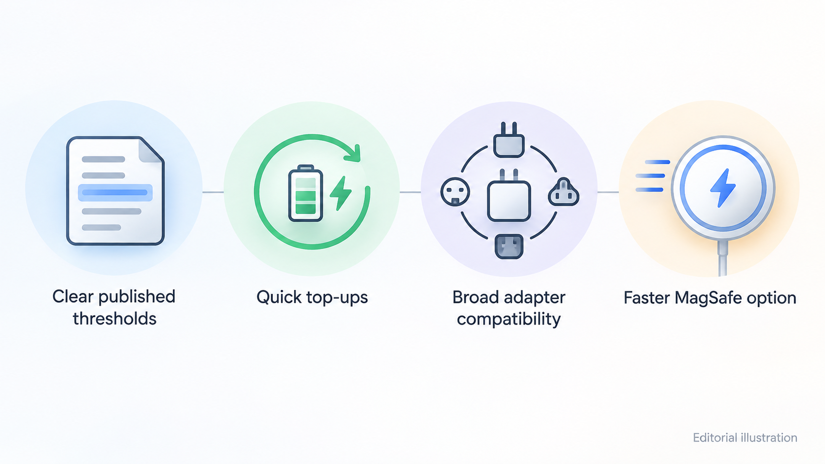 One row of icons with short labels summarising the documented strengths the section states, framed as Apple's own claims