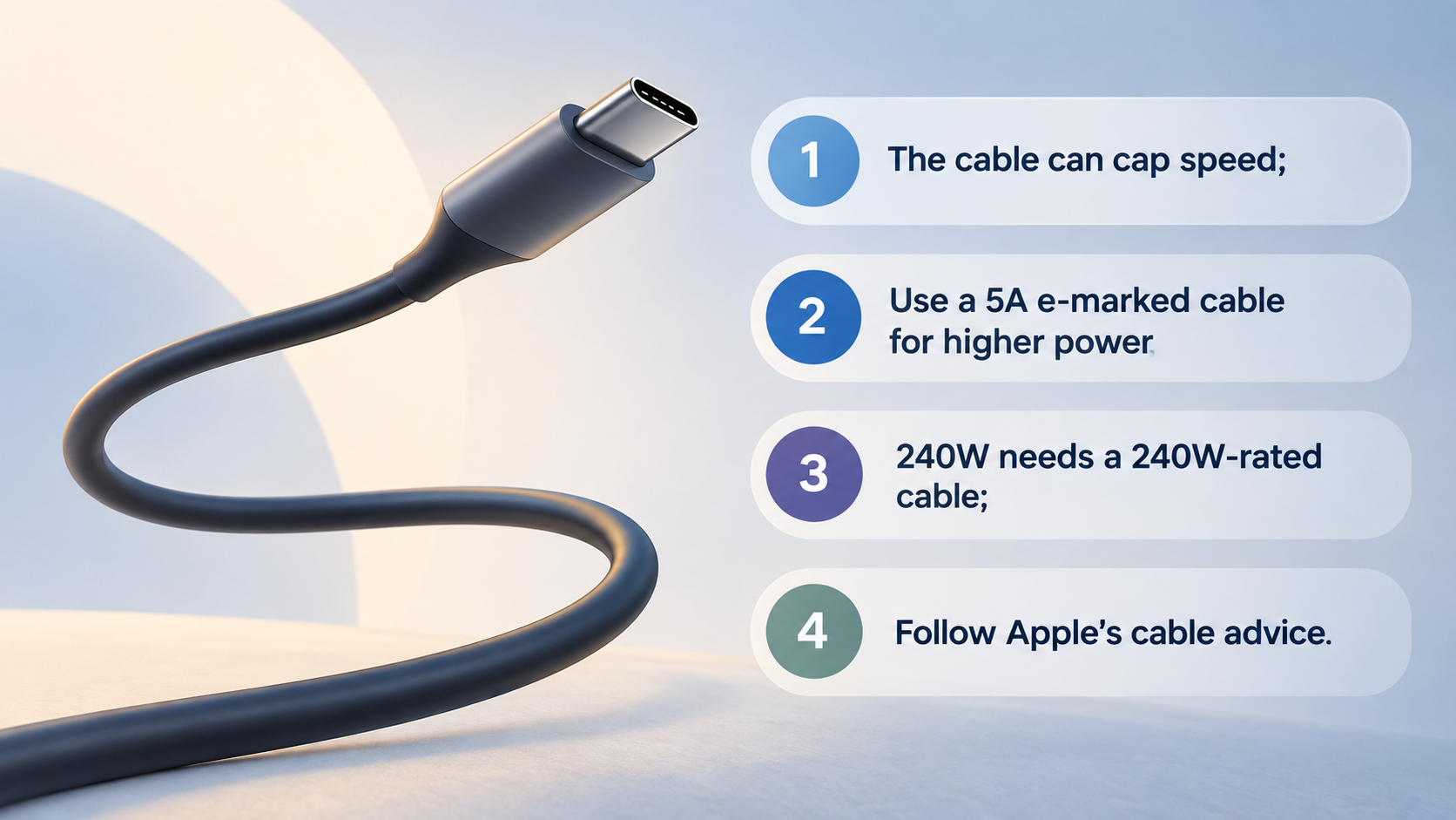 A short numbered checklist of the cable points the section states: the cable can cap charging speed, higher power needs a 5A e-marked cable, 240W needs a cable built to that requirement, and Apple's advice on suitable cables