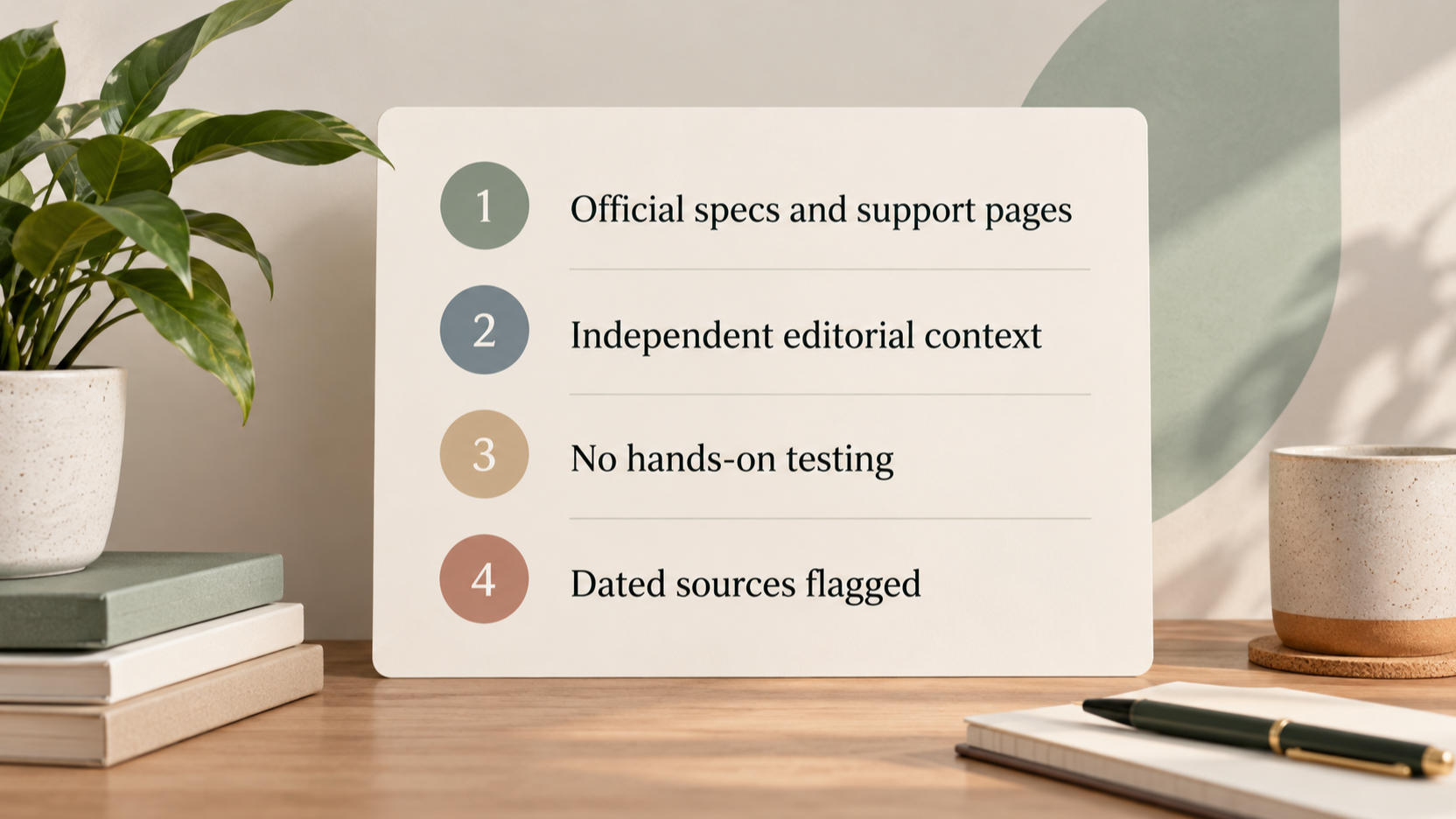A short numbered checklist of the evidence the review relies on and its stated limits, so readers see what the review does and does not claim