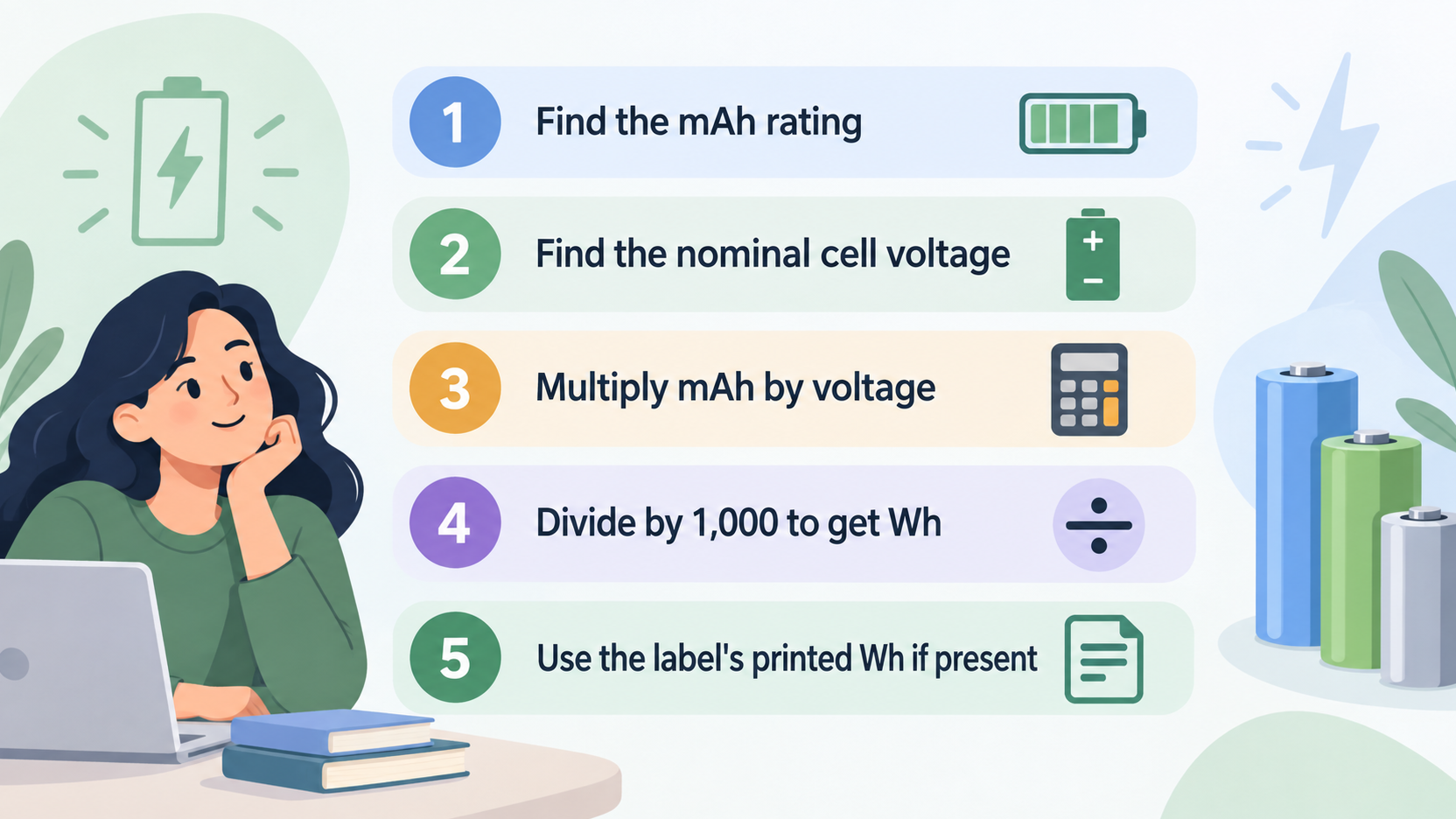 Numbered checklist of the conversion steps the section states, ending with the reminder to prefer the printed Wh