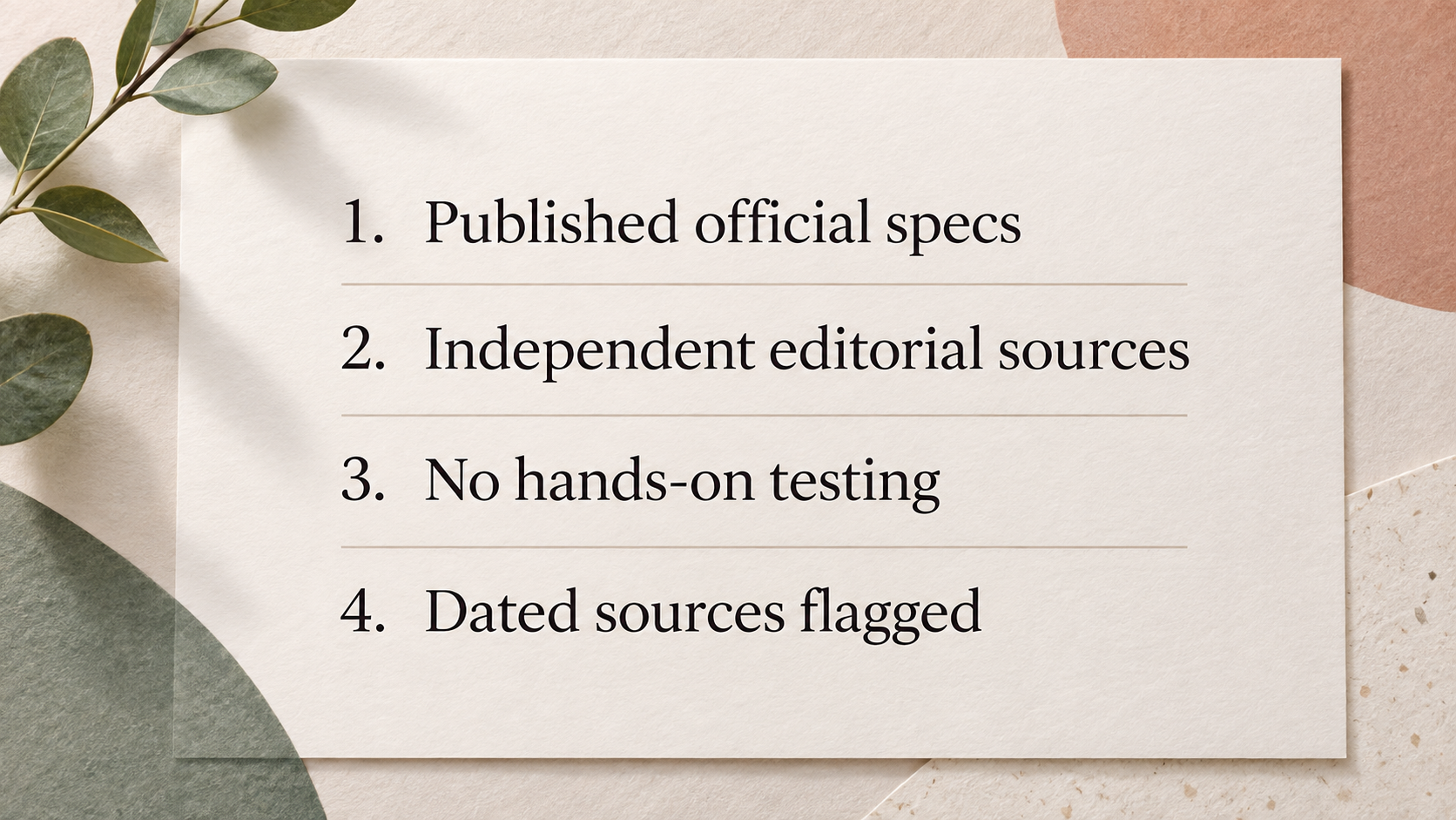 A numbered checklist summarising how the comparison was built: evidence base, what was not tested, source weighting, dated sources