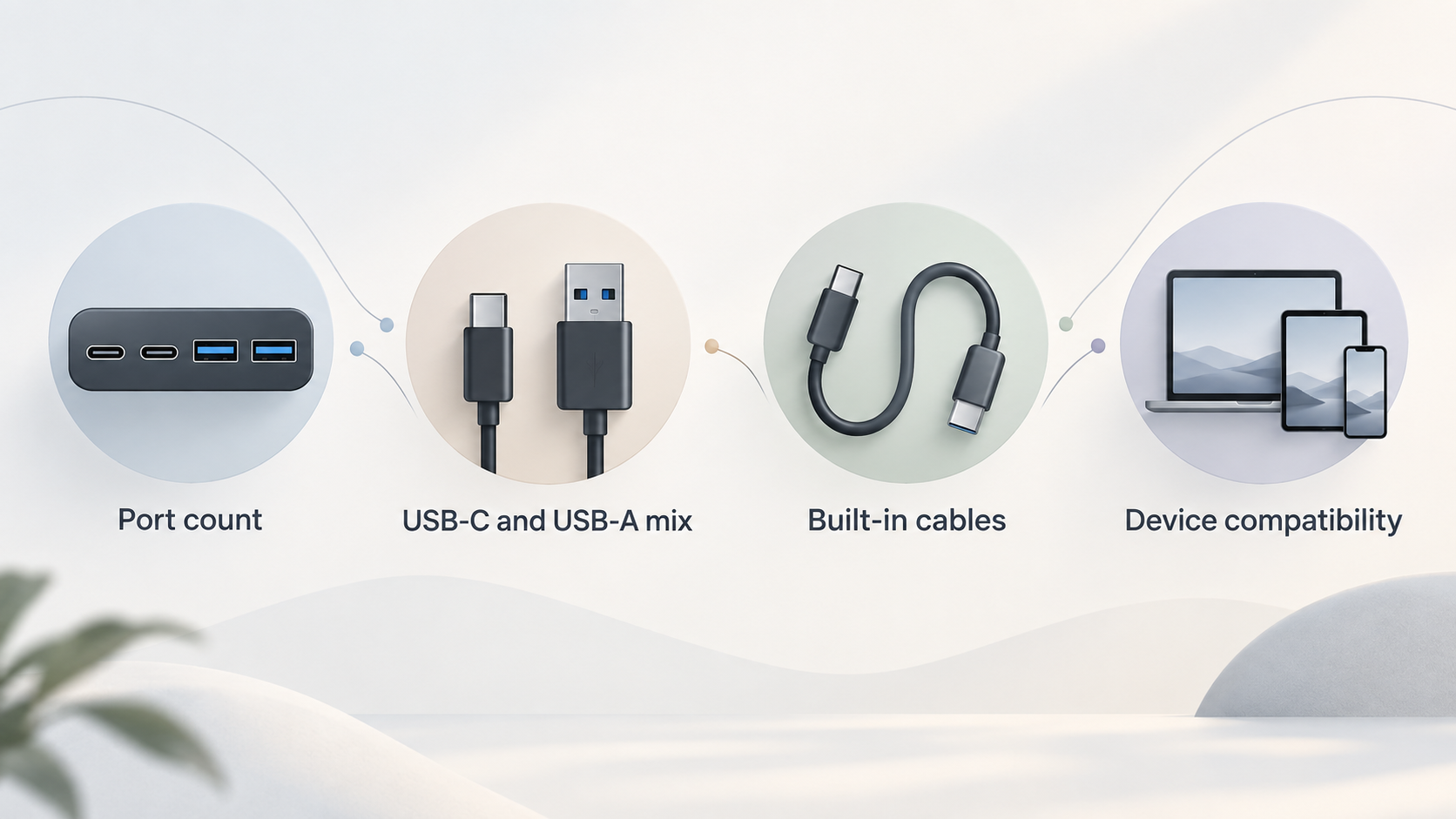 One row of four labelled icons for the port-layout factors the section covers when charging several devices at once