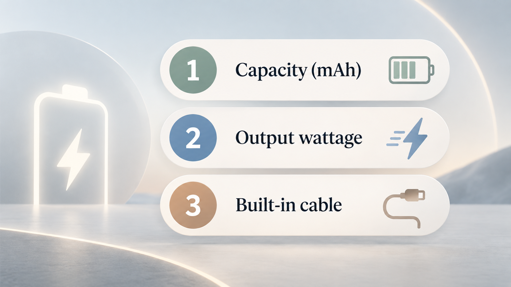 A simple numbered checklist of the points to check when reading an Anker power bank listing: capacity, output wattage and built-in cables