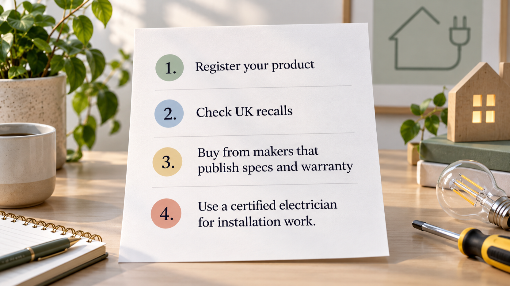 A short numbered checklist of the UK-first safety steps the section states: register the product, check recalls, favour manufacturers that publish specs and warranty, and use a certified electrician for installation work