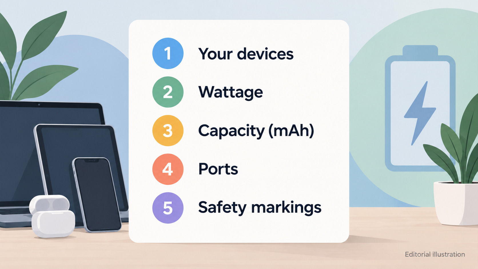A numbered checklist of the selection points the section states, so readers can match a charger or power bank to their devices