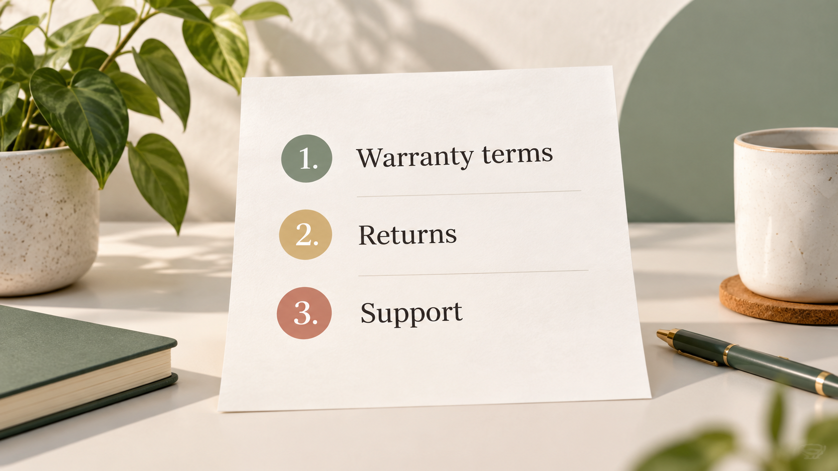 A short numbered checklist of what to confirm about warranty, returns and support before buying, as the section states