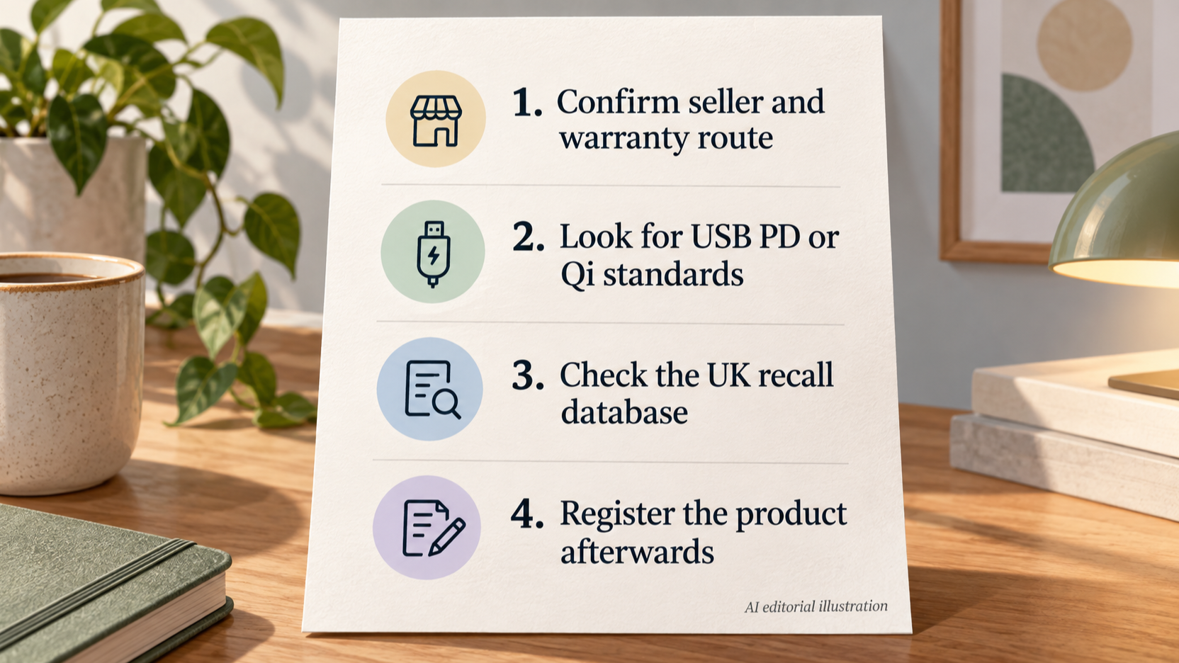 Numbered pre-purchase checklist of the four checks the section lists: seller and warranty, standards, UK recall database, registration
