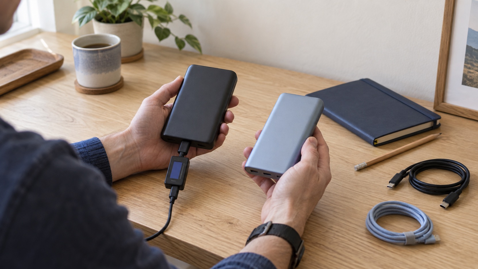 Hands comparing two power banks on a wooden workbench