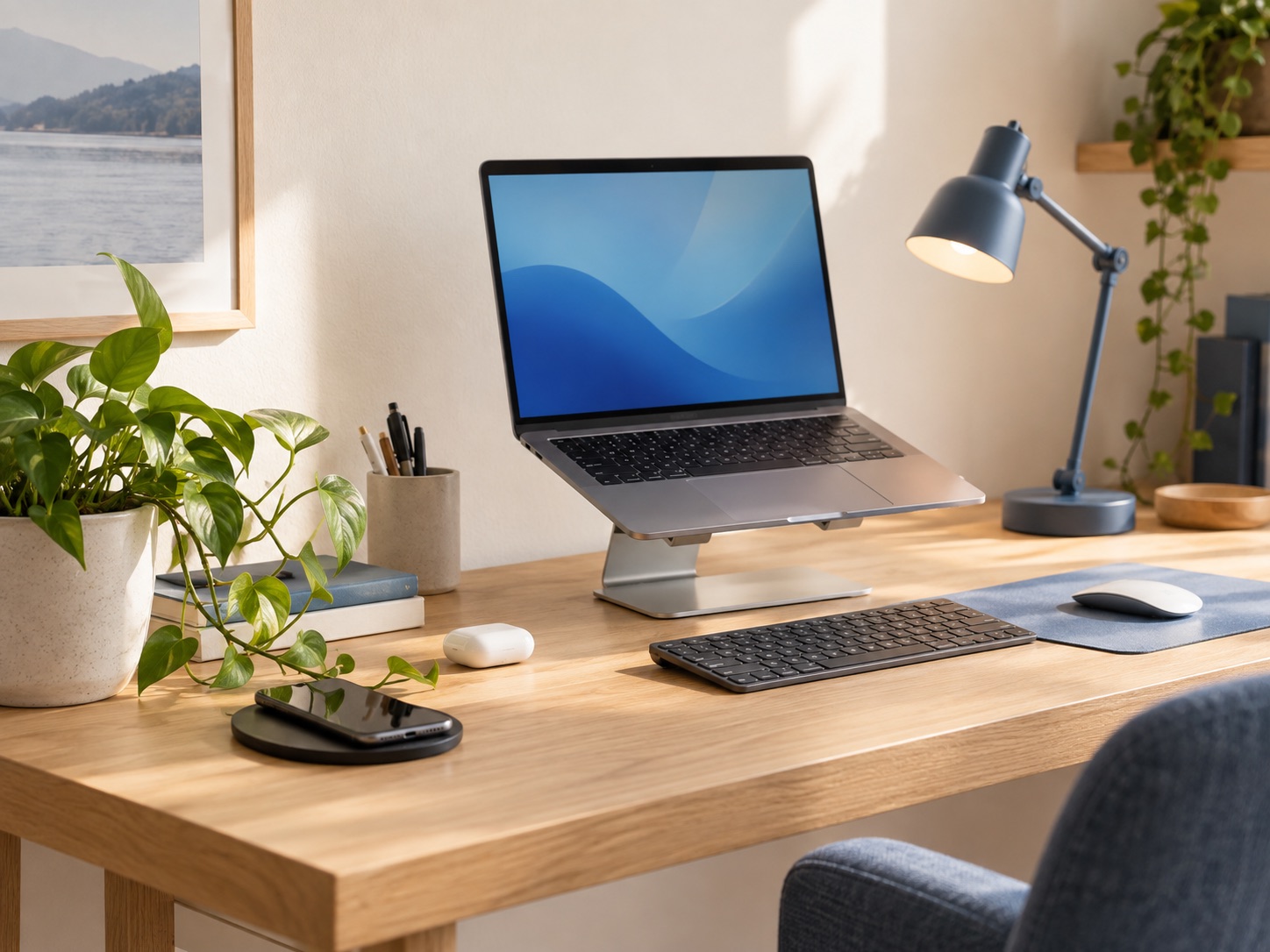 A tidy home-office desk with a laptop on a stand, a lamp and a wireless charging pad